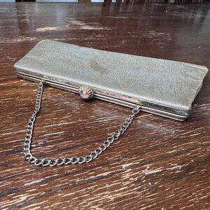 Vintage Gold Clutch Purse With Chain Strap Textured Metallic Finish & Crystal Cl